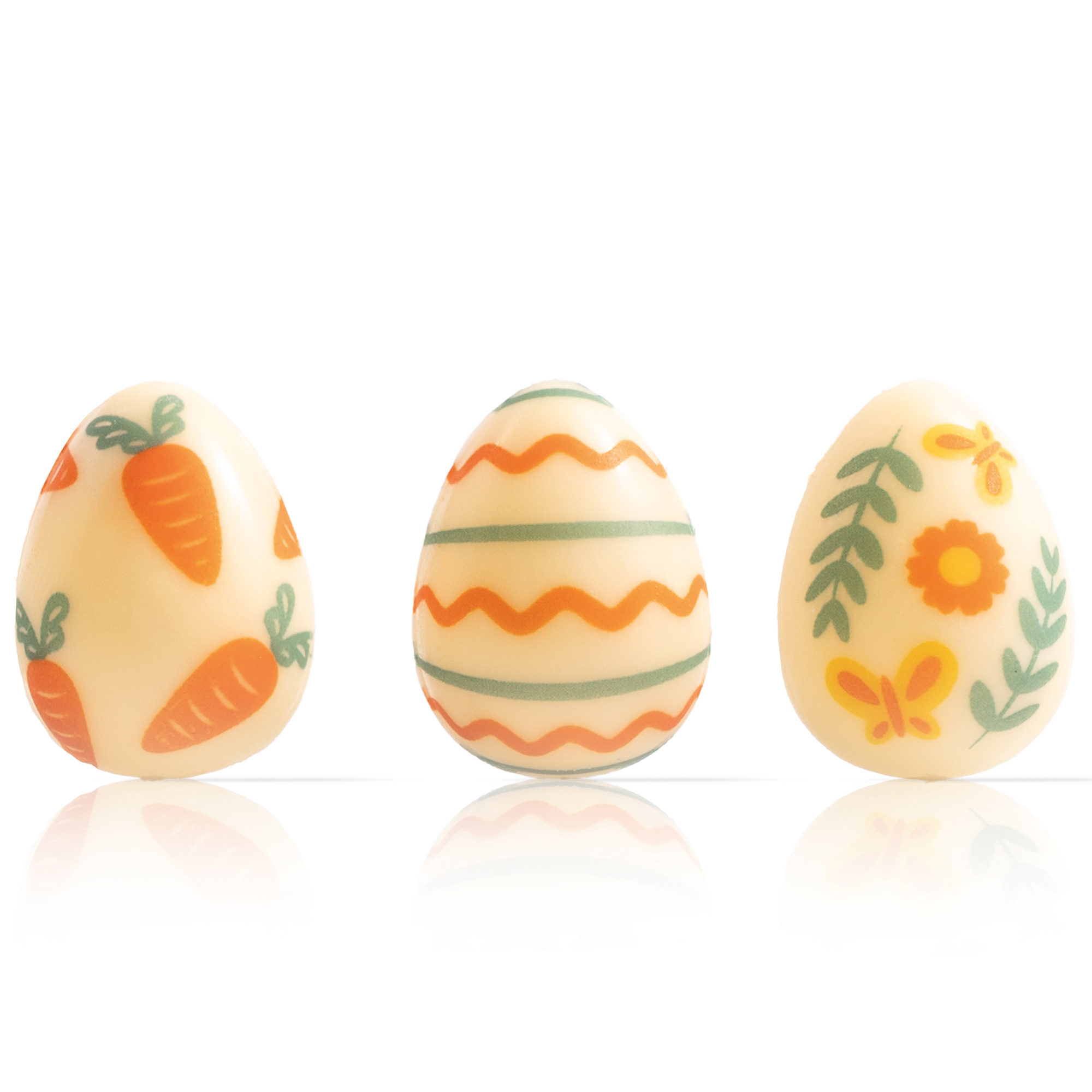 MINI EIER "OSTERDEKOR", WEISSE SCHOKOLADE BEDRUCKT