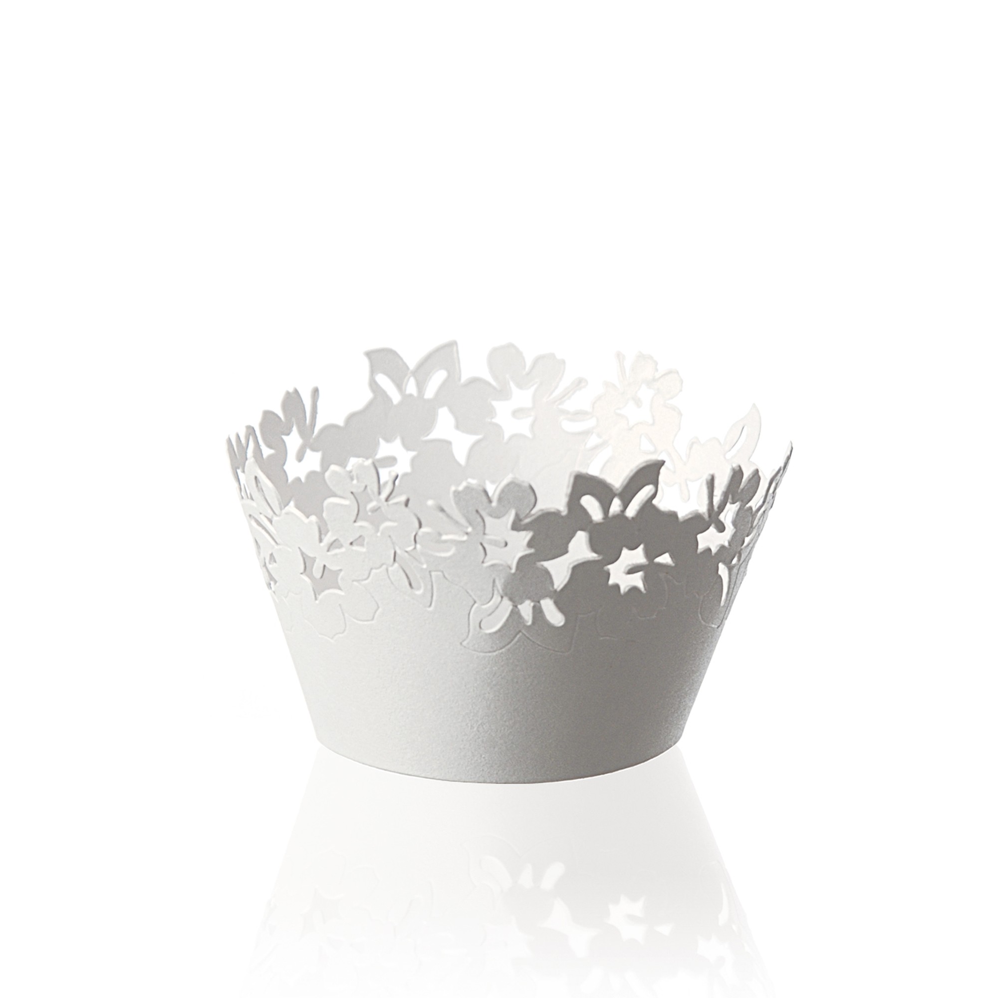 WEISSE CUPCAKE MANSCHETTEN "BLÜTEN", FEINER KARTON GELASERT WEISSE CUPCAKE MANSCHETTEN "BLÜTEN", FEINER KARTON GELASERT