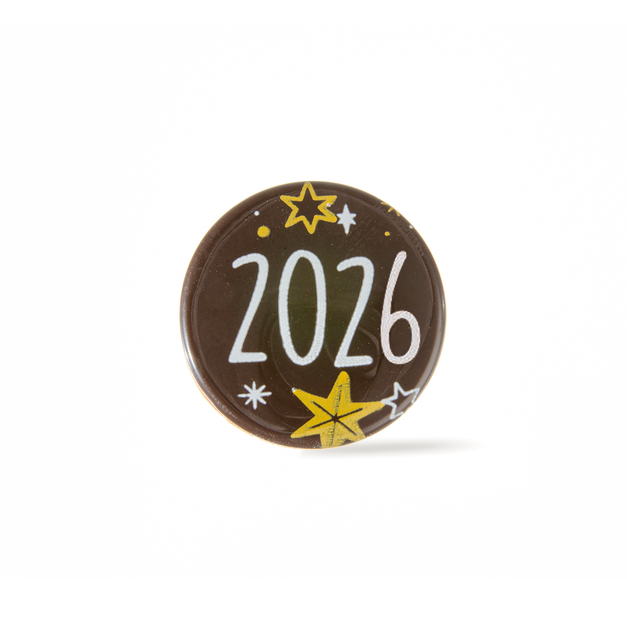 NEUJAHR AUFLEGER RUND "2026", DUNKLE SCHOKOLADE BEDRUCKT