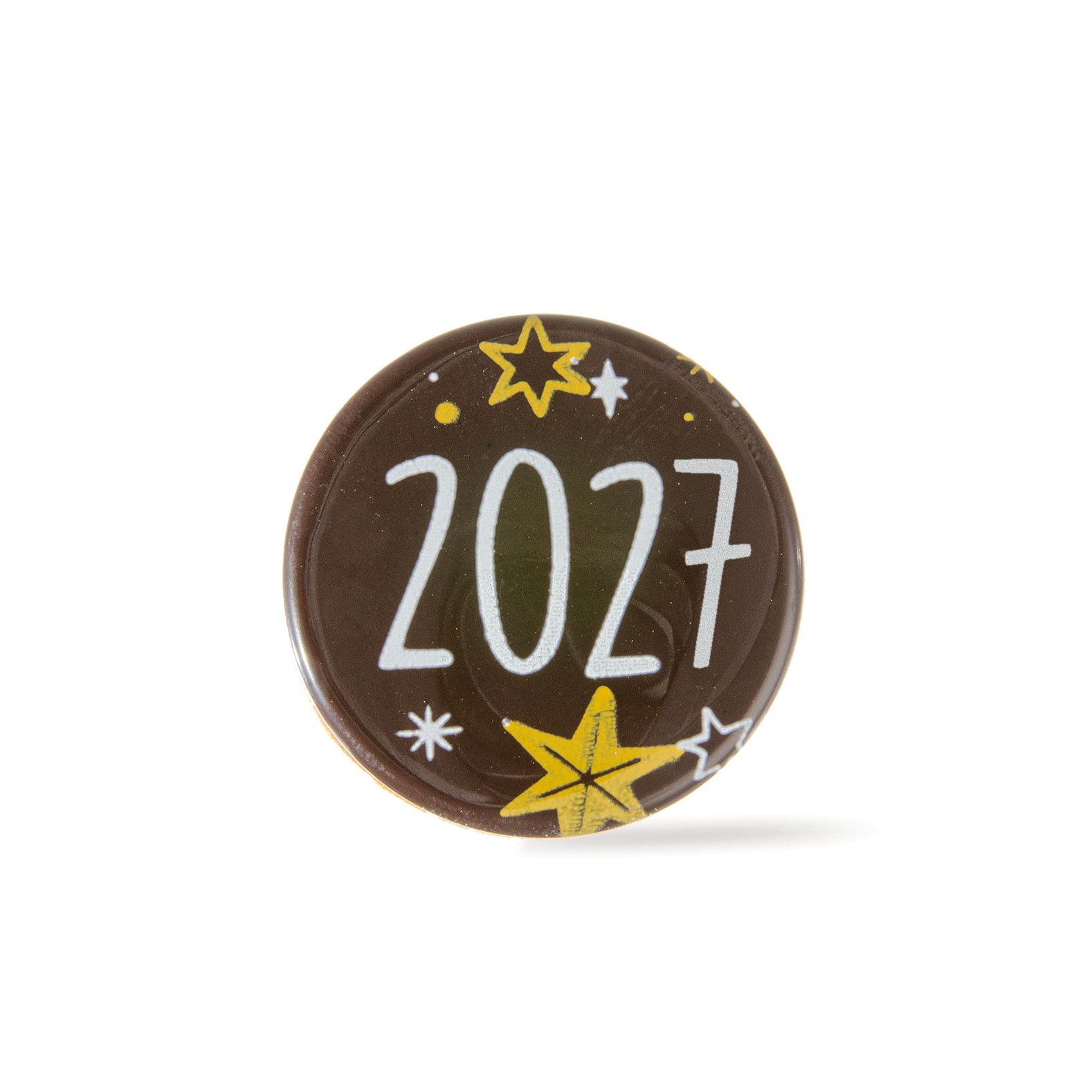 NEUJAHR AUFLEGER RUND "2027", DUNKLE SCHOKOLADE BEDRUCKT
