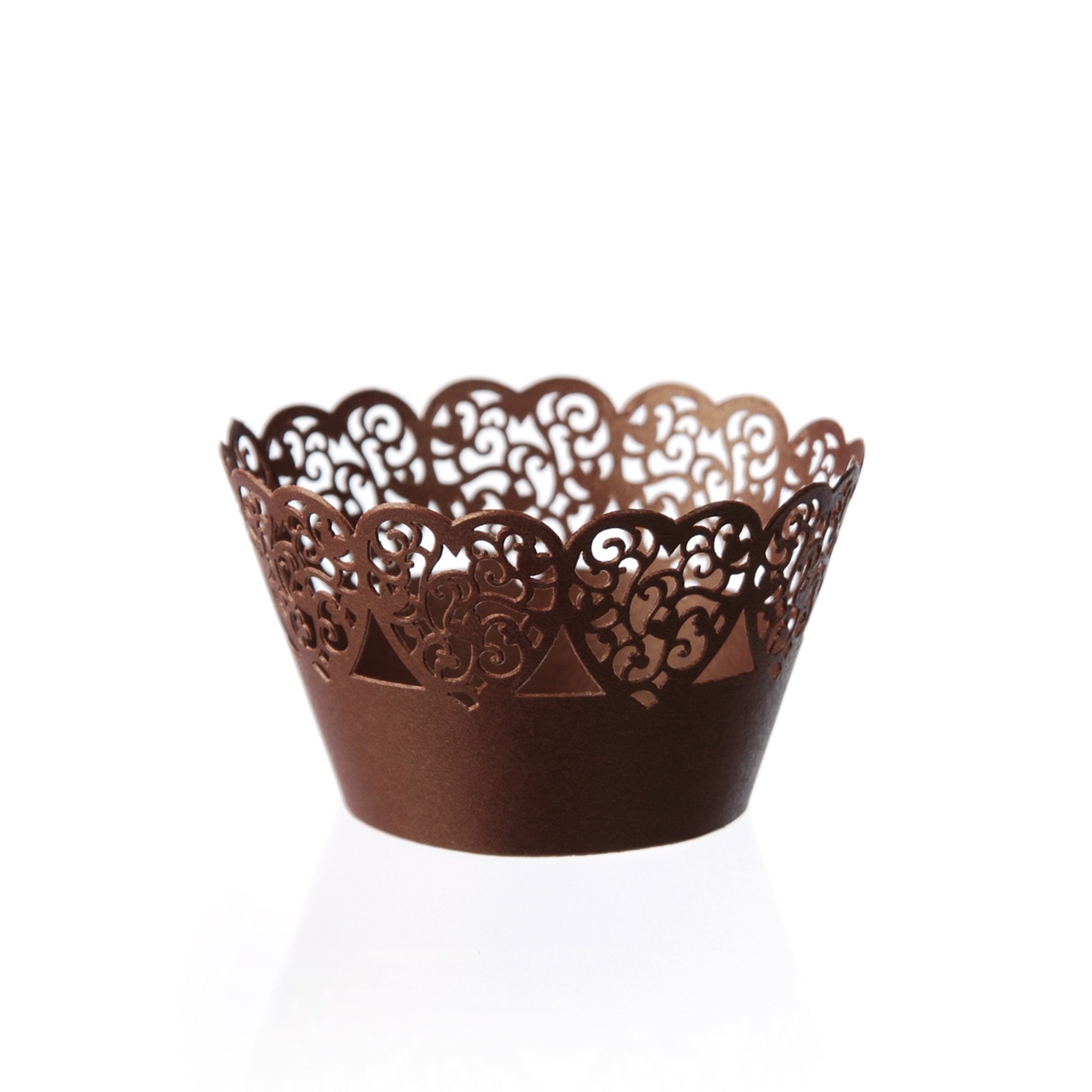 BRAUNE CUPCAKE MANSCHETTEN "HERZEN", FEINER KARTON GELASERT