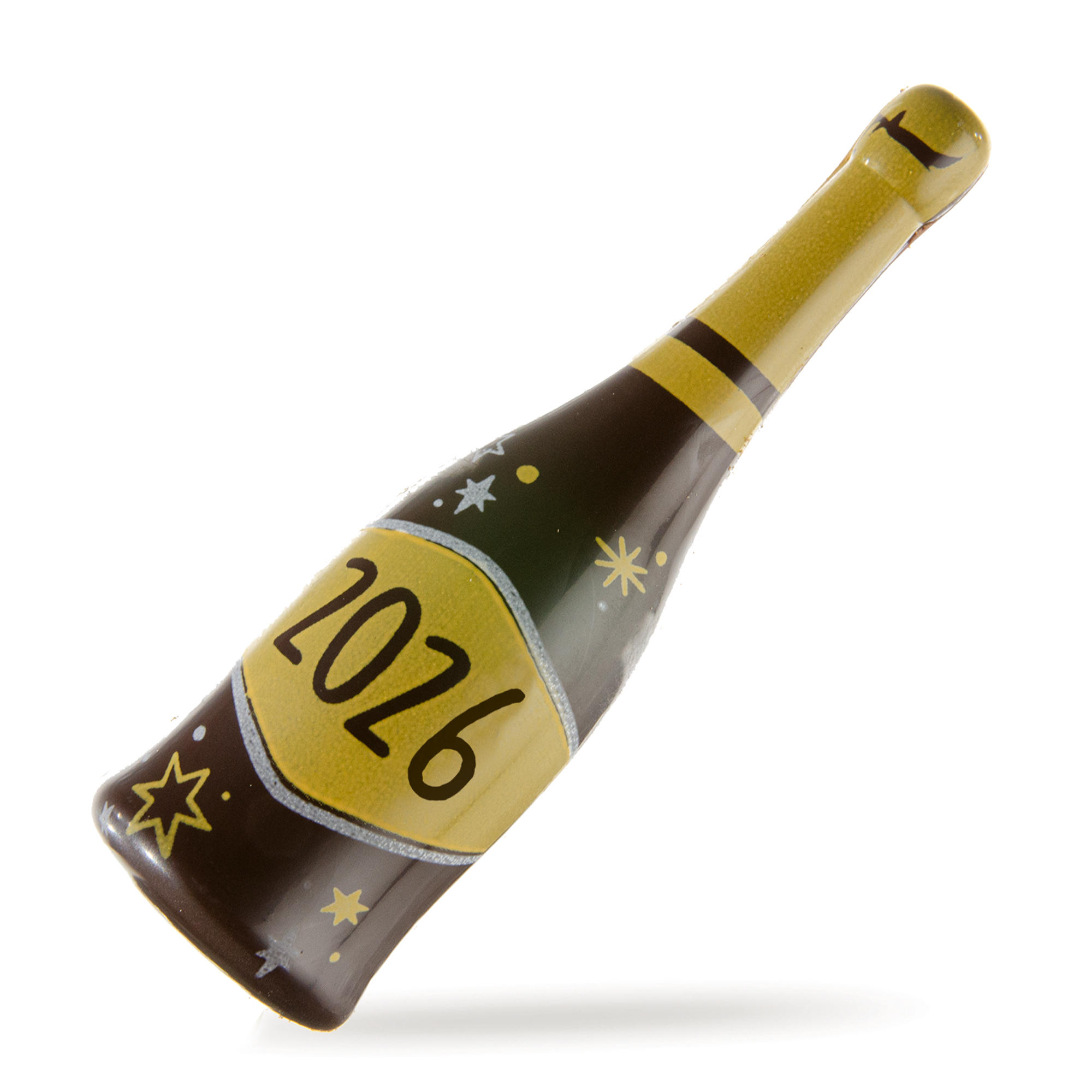 NEUJAHR AUFLEGER CHAMPAGNERFLASCHE "2026", DUNKLE SCHOKOLADE BEDRUCKT