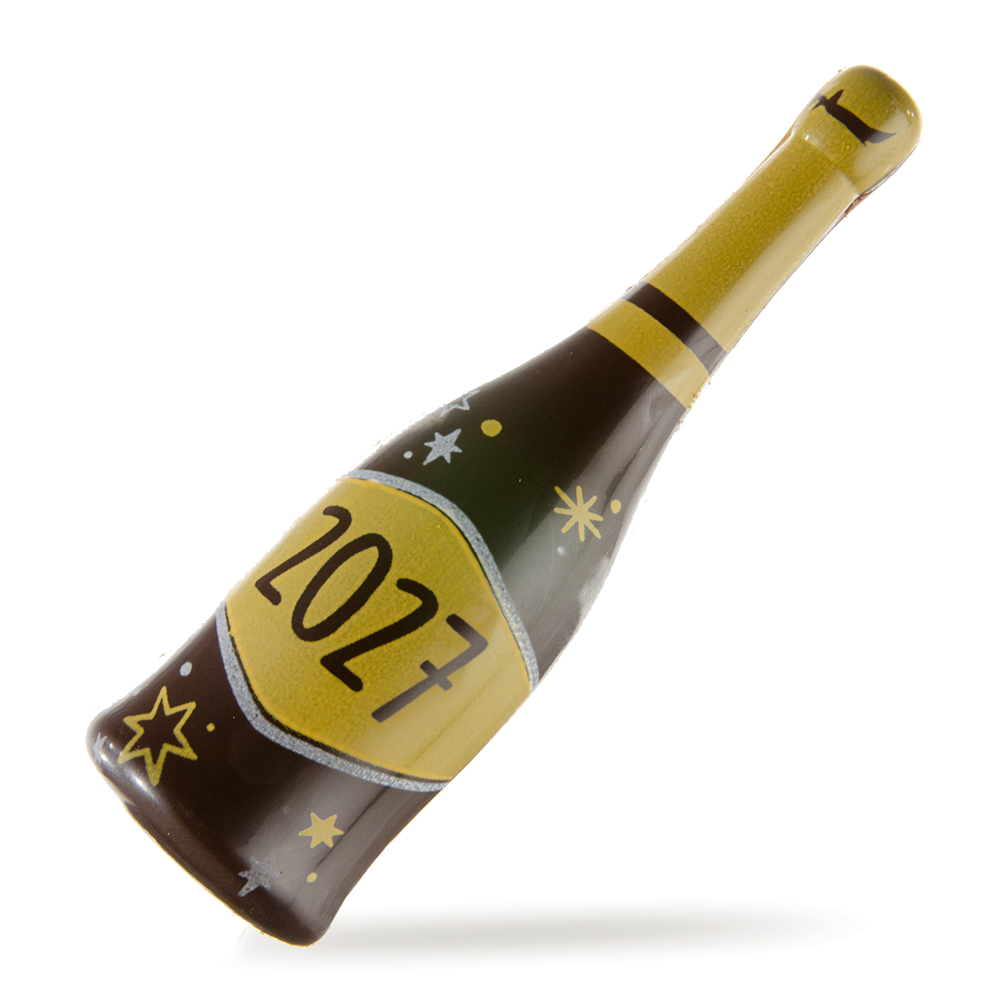 NEUJAHR AUFLEGER CHAMPAGNERFLASCHE "2027", DUNKLE SCHOKOLADE BEDRUCKT