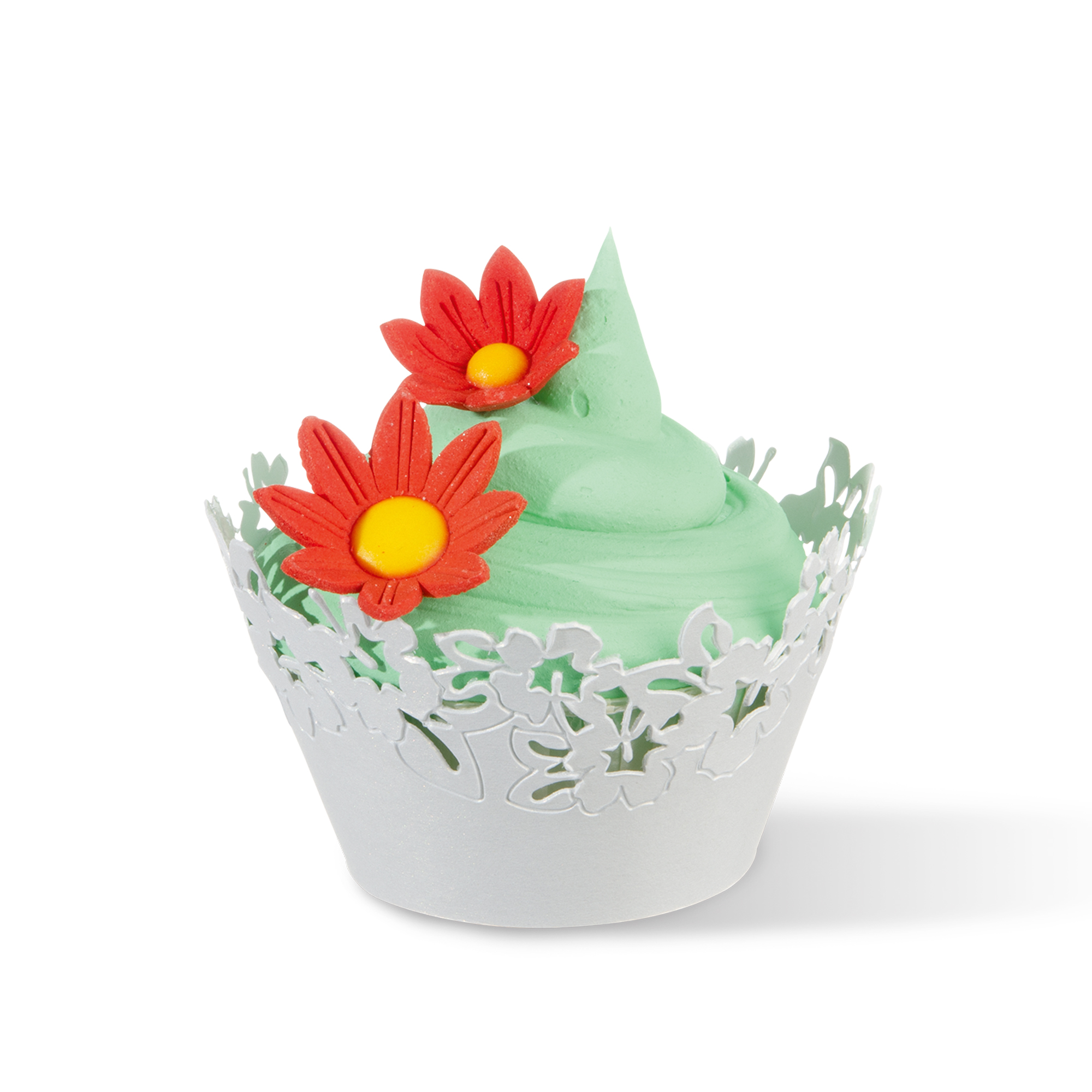 WEISSE CUPCAKE MANSCHETTEN "BLÜTEN", FEINER KARTON GELASERT