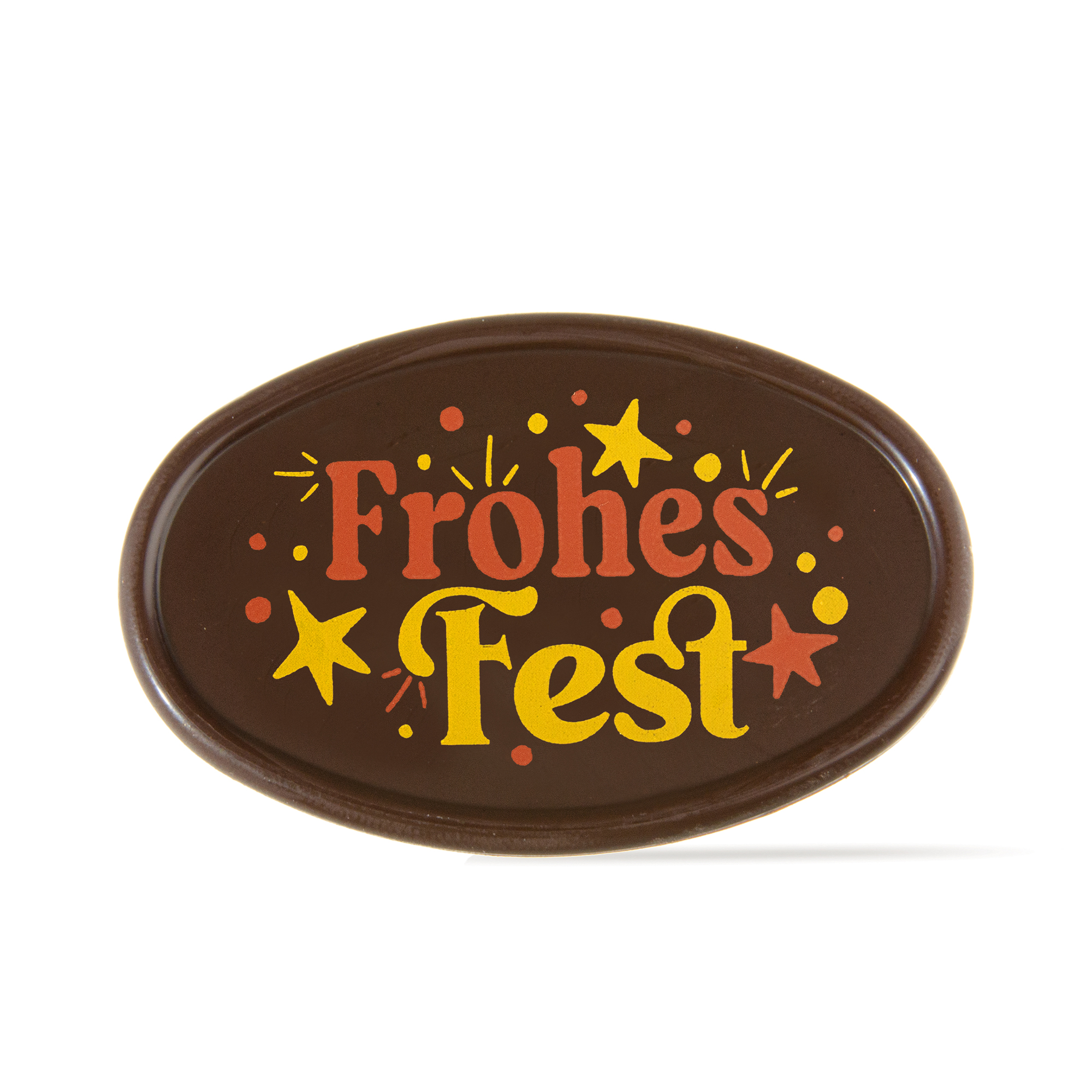 AUFLEGER OVAL "FROHES FEST", DUNKLE SCHOKOLADE BEDRUCKT