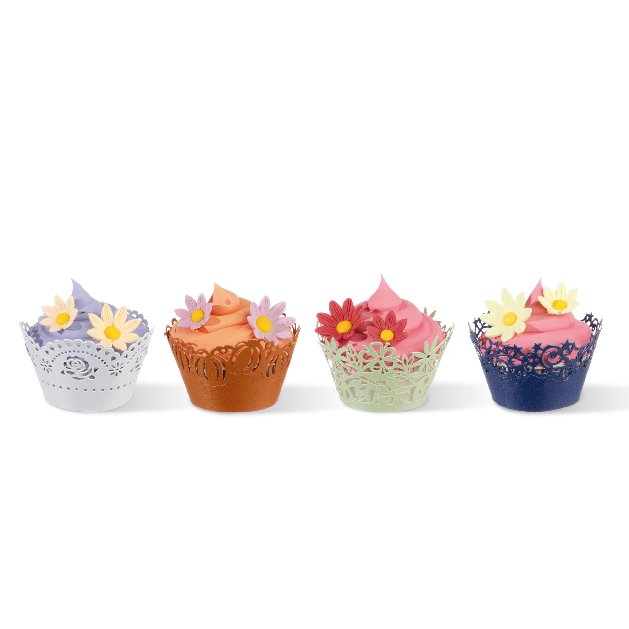 WEISSE CUPCAKE MANSCHETTEN "ROSEN", FEINER KARTON GELASERT