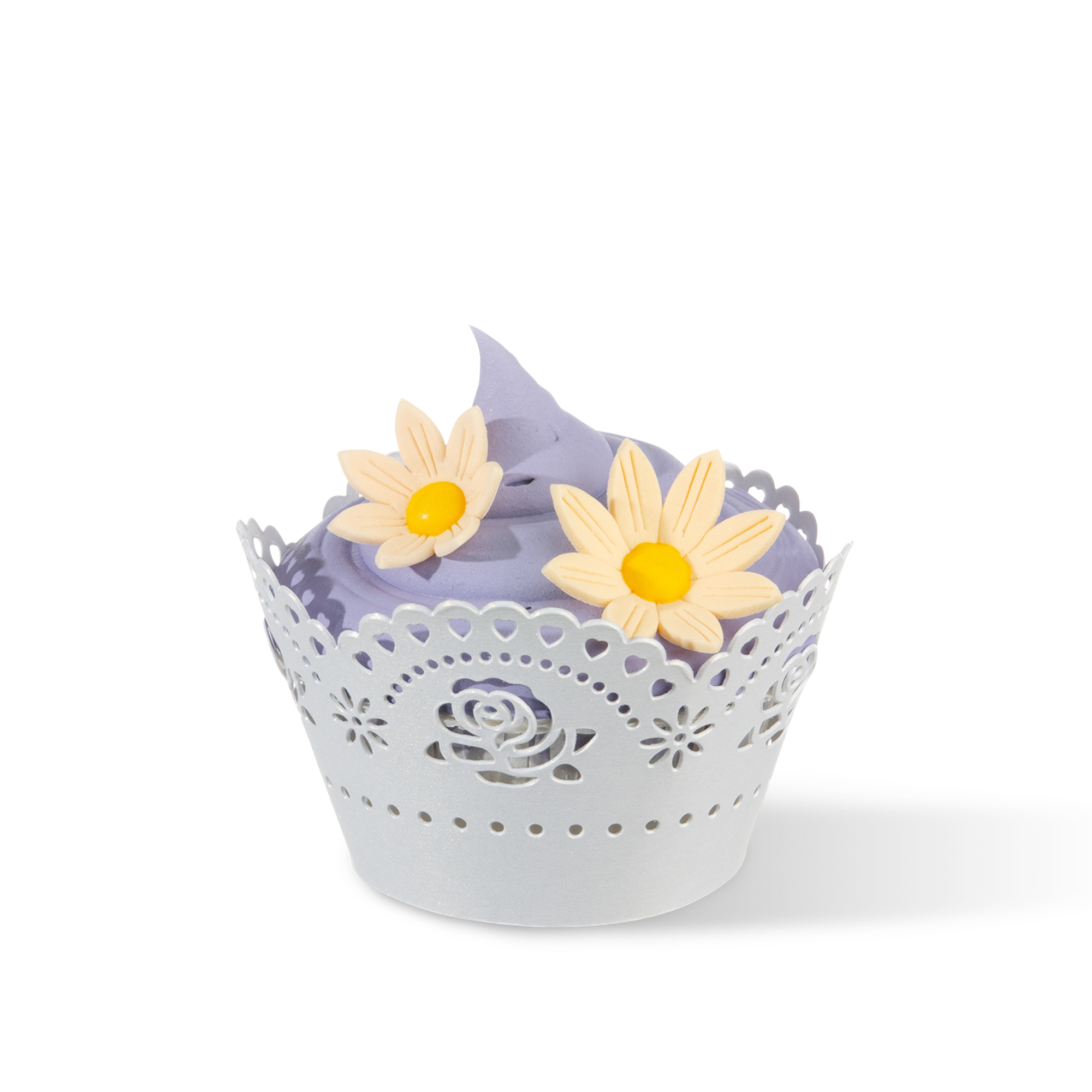 WEISSE CUPCAKE MANSCHETTEN "ROSEN", FEINER KARTON GELASERT