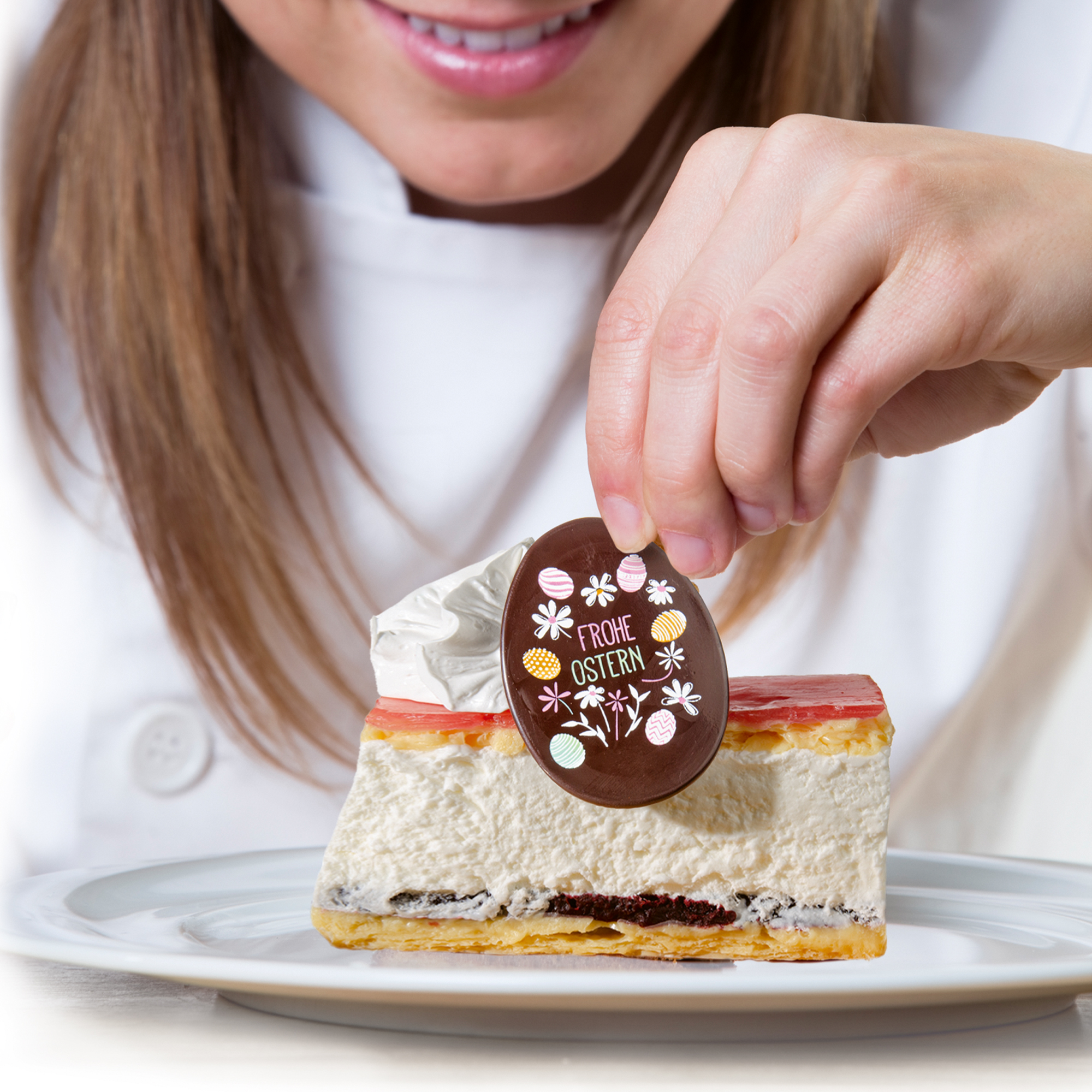 EIER "FROHE OSTERN", DUNKLE SCHOKOLADE BEDRUCKT